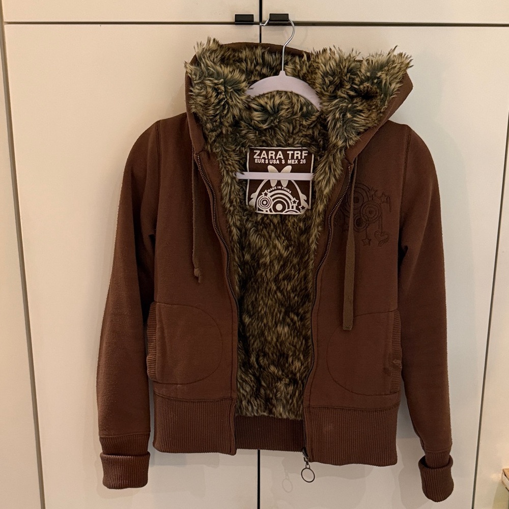 Zara TRF Brown Faux Fur Lined Hoodie Jacket Full Zip Size S